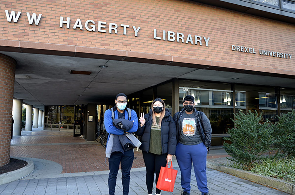 Ngozi Enwereji (left), Kerrie Tran (middle), and Daniel Loleng (right), all engineering technology students at Drexel University.